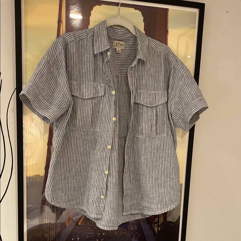 J. Crew Blue and White Striped Short-Sleeve Button-Down Shirt